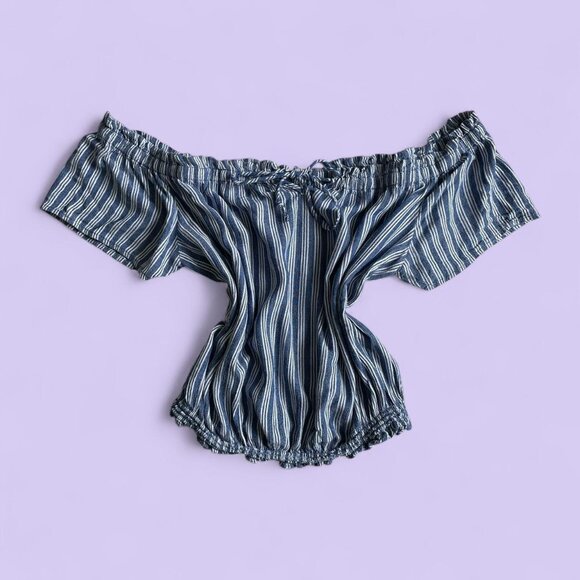 BeCool Blue & White Striped Off-Shoulder Tie-Front Top – Size Large - Picture 1 of 7